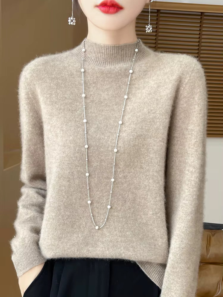 Classique automne hiver femmes pull 100% laine mérinos col montant tricots bureau dame pull à manche