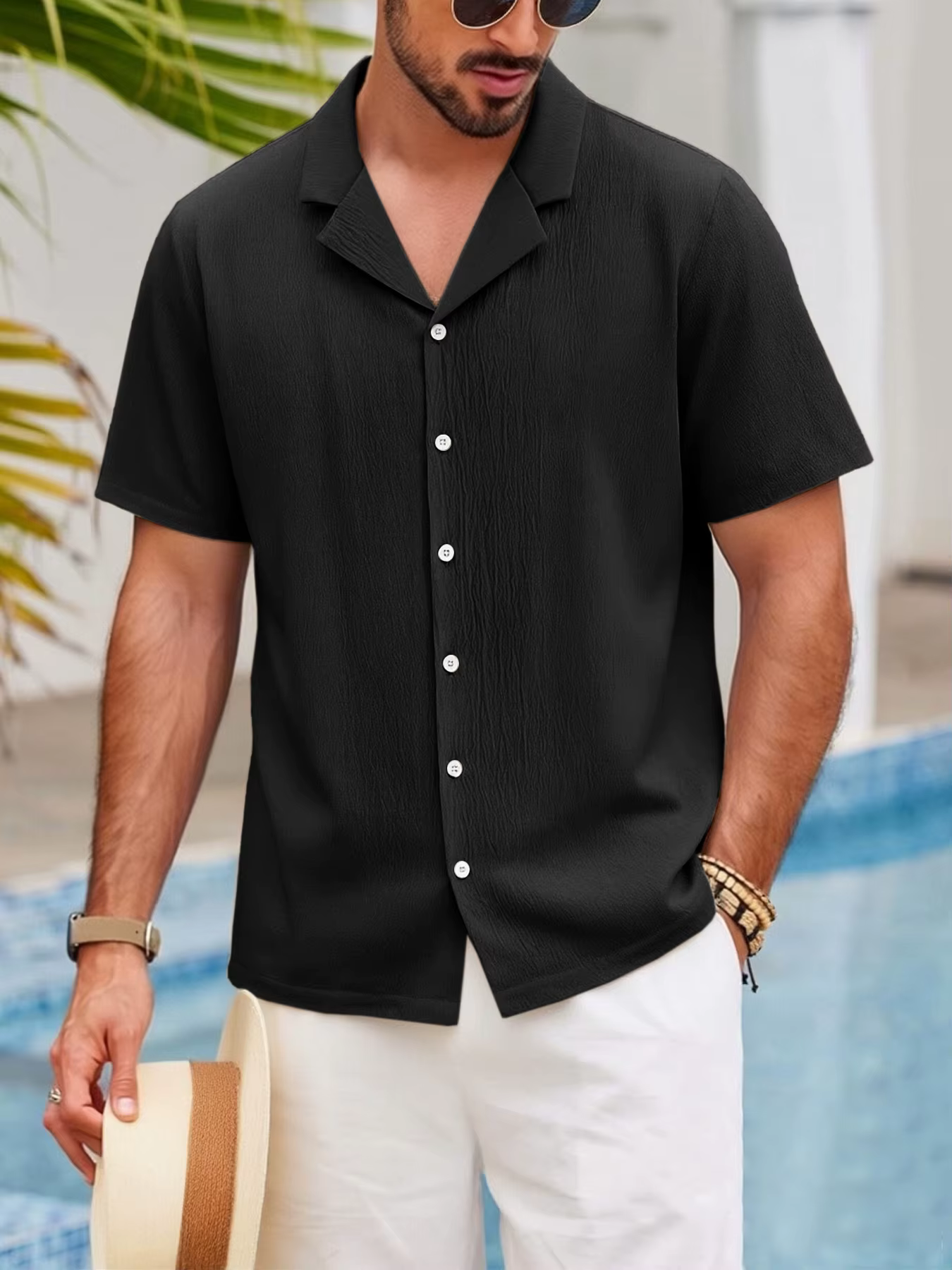 Chemise d'été pour homme à col cubain - Haut décontracté à manches courtes noir uni coupe classique 