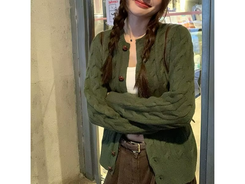 Pull-over vintage vert torsadé pour femme, col rond, manches longues, tricoté, style décontracté, id
