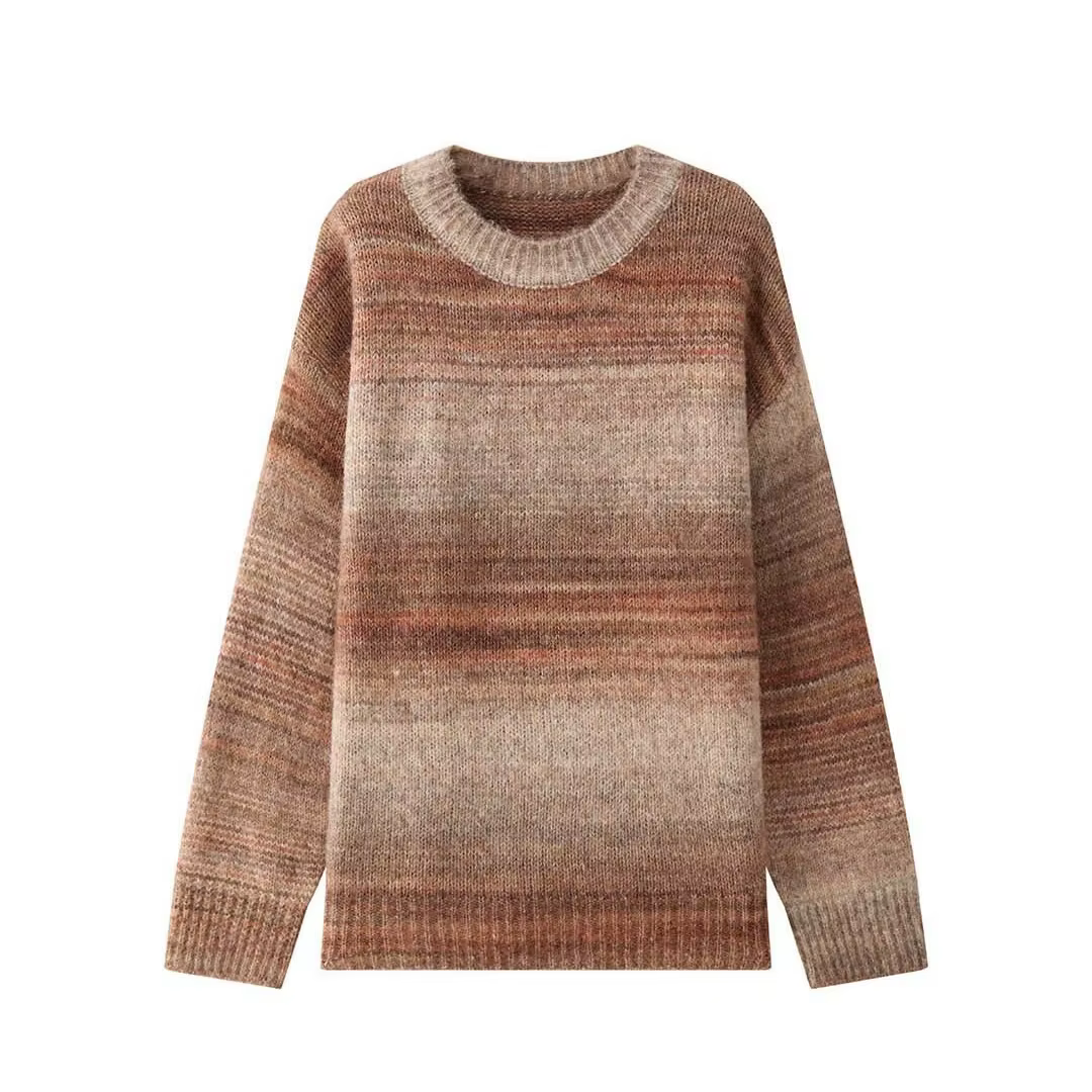 Pull en laine rayé contrastant style rétro HanOrange 2026 pour femme, col rond, coupe ample, camel/r
