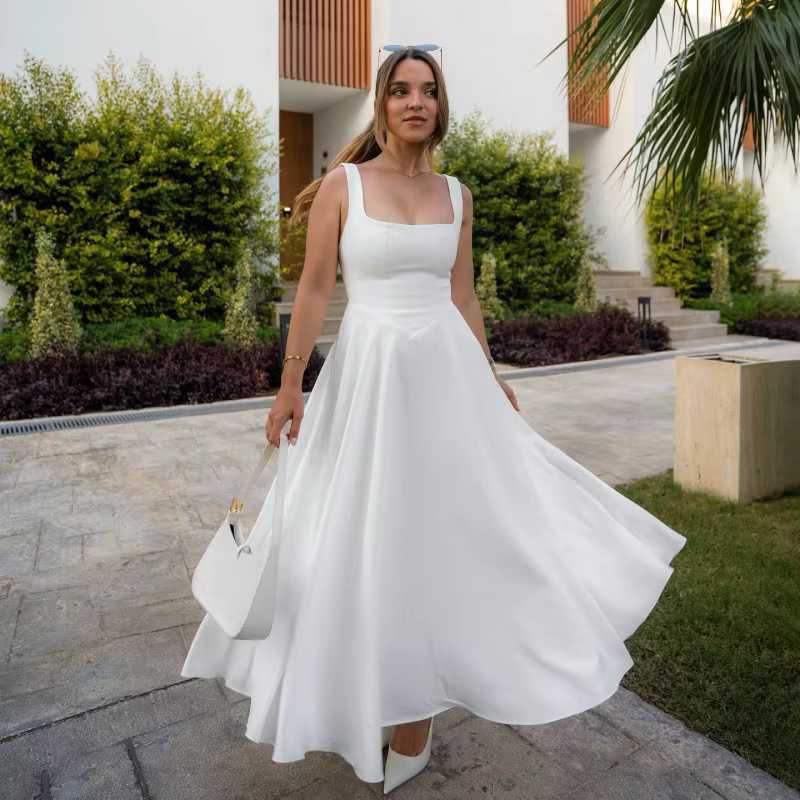 Robe longue moulante à col semi-montant pour femme, couleur unie, manches courtes, taille cintrée, c