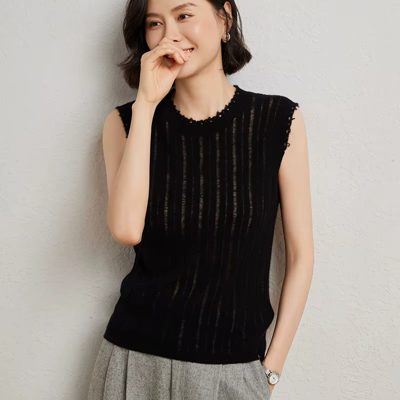 Pull sans manches col rond pour femme, printemps-été, en cachemire et laine mérinos (70% laine mérin