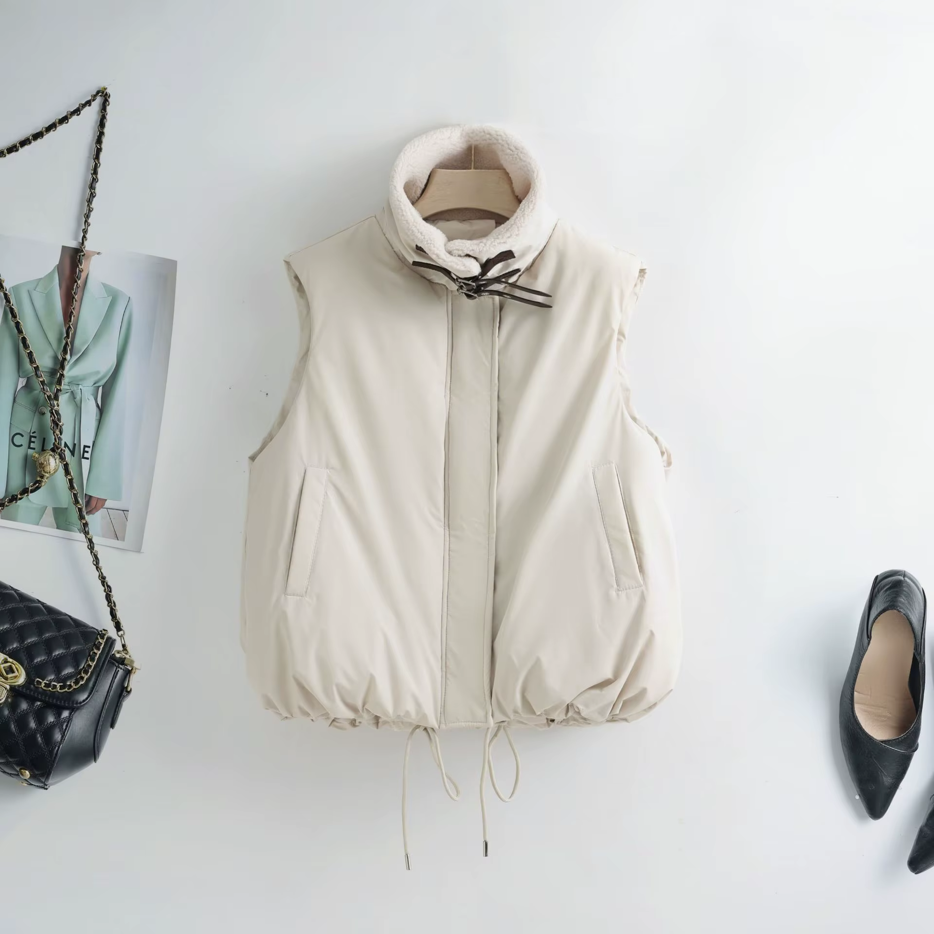 2025 hiver nouveau gilet col en laine d'agneau coton gilet court sans manches coton vêtements femmes