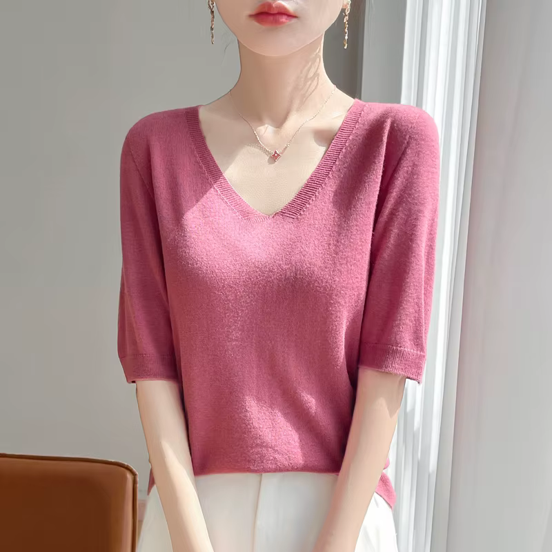 Pull tricoté 100% laine mérinos pour femmes, col en v, fil argenté, nouvelle chemise à manches court