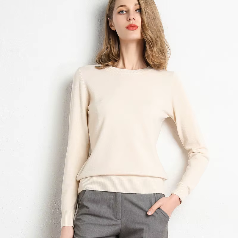 Pull Slim à col rond pour femme, mélange de laine et cachemire, chemise à manches longues en tricot,