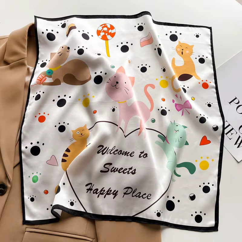 Écharpe de chat de dessin animé mignon, Bandanas 100% soie de mûrier, foulards de luxe pour enfants,