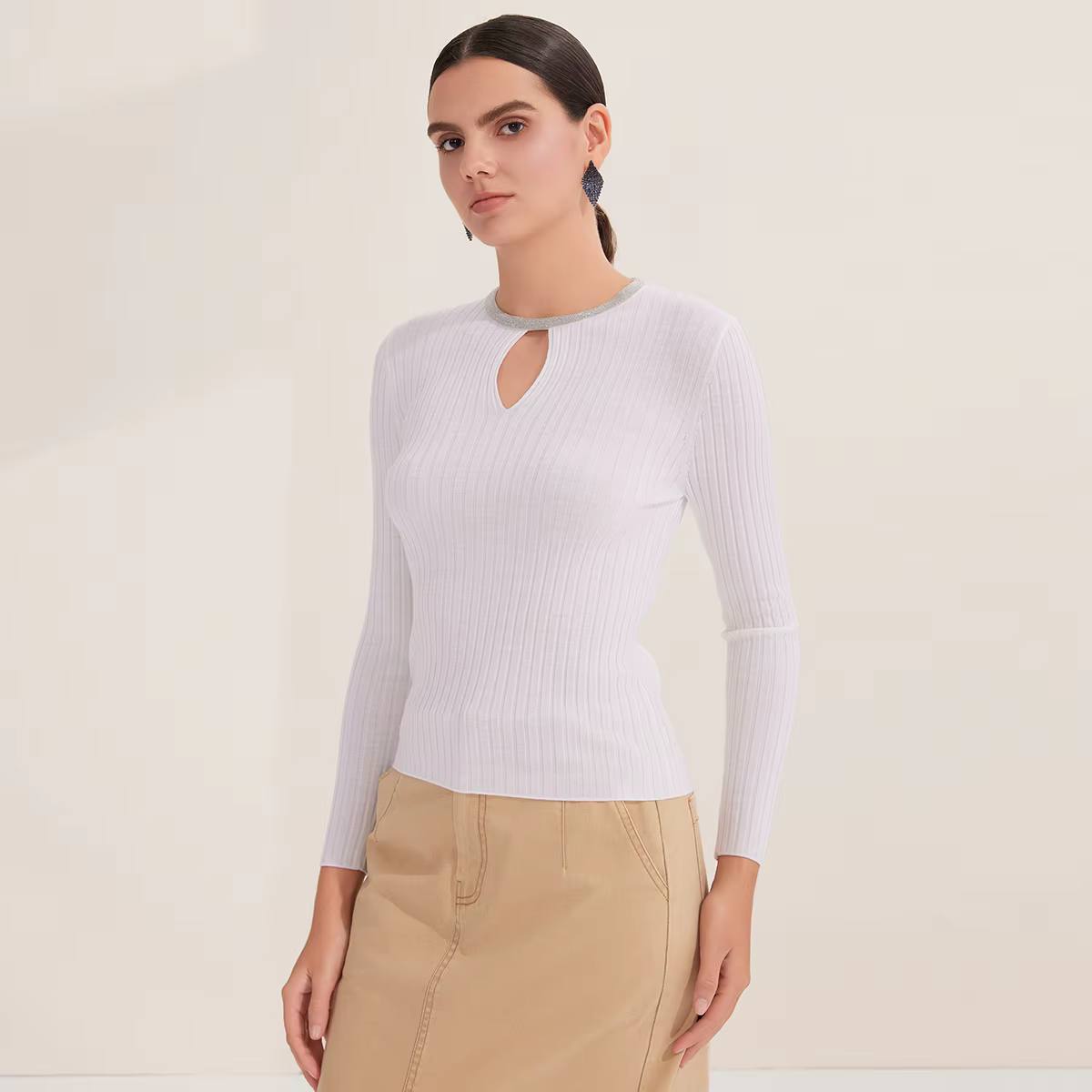 BD4521232 Pull en tricot côtelé pour femme 100 % laine à manches longues - Mode d'automne