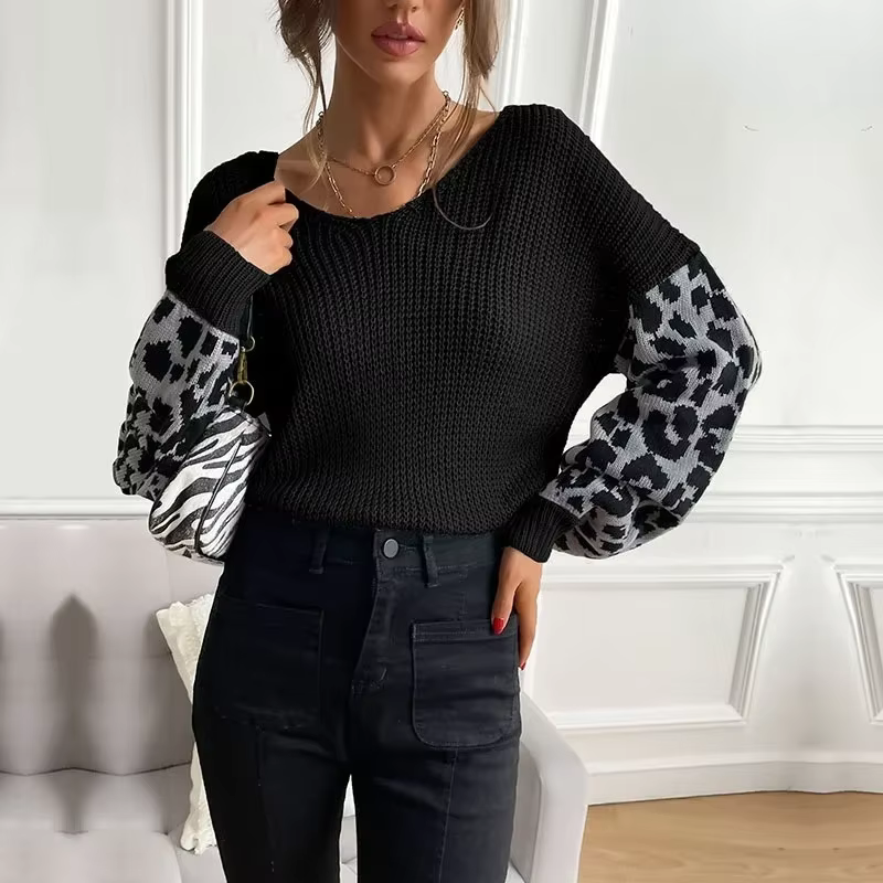 Pull à col imprimé léopard pour femme, ample, confortable, tricoté à manches longues, hauts décontra