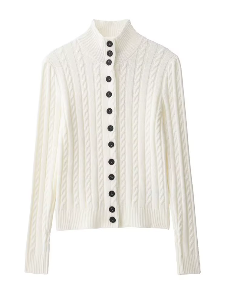 Nouveau cardigan en maille pour femme à col montant, manches longues, simple boutonnage, coupe ample