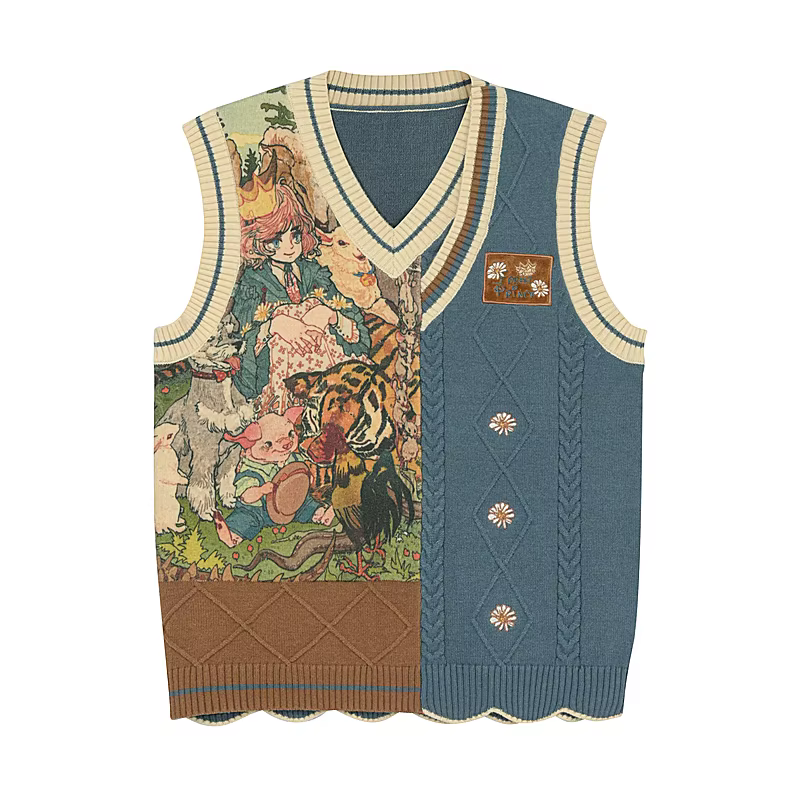 Gilet en Jacquard tricoté pour femmes, pull Vintage doux, décontracté, dessin animé, Tops, col en v,