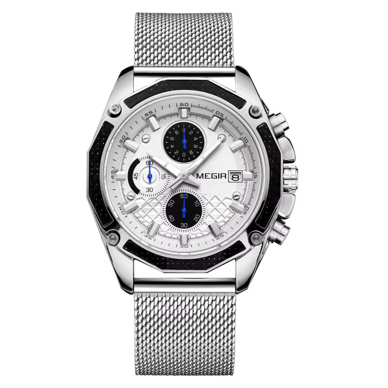 MEGIR – montre de luxe à Quartz pour hommes, chronographe, étanche, bracelet en maille, Sport milita