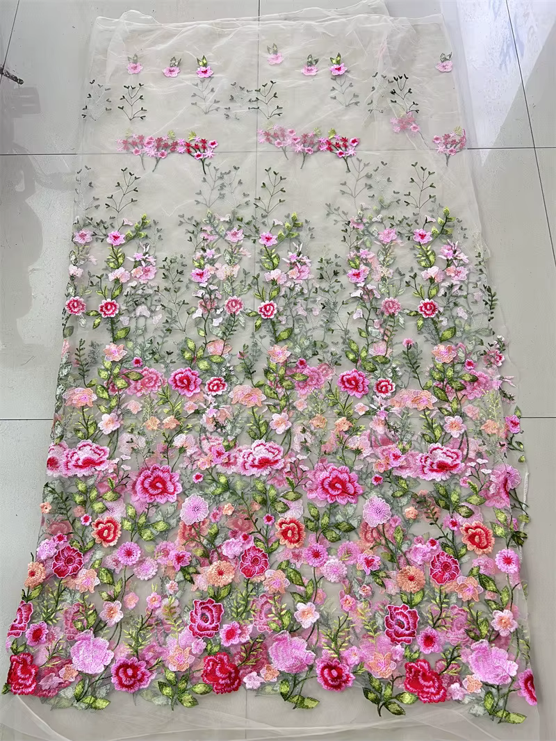 Nouveau produit Rose maille tissu brodé automne plante robe de soirée dentelle tissu vêtements brico