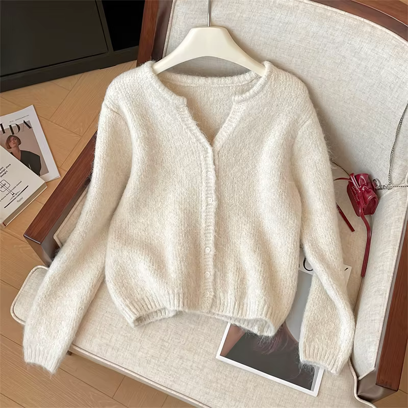 Pull en cachemire à manches longues et col en V pour femmes, cardigan beige, pull confortable, pull