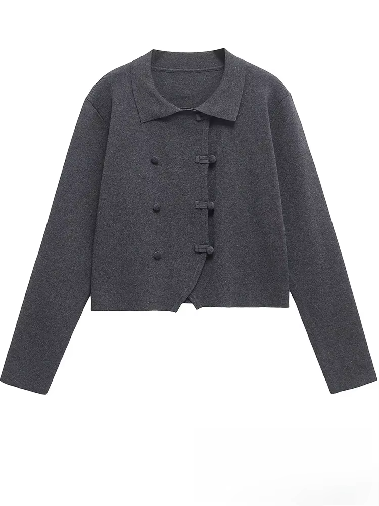 KONDALA Vintage Chic femmes pull solide à manches longues col rabattu Double boutonnage tricoté mode
