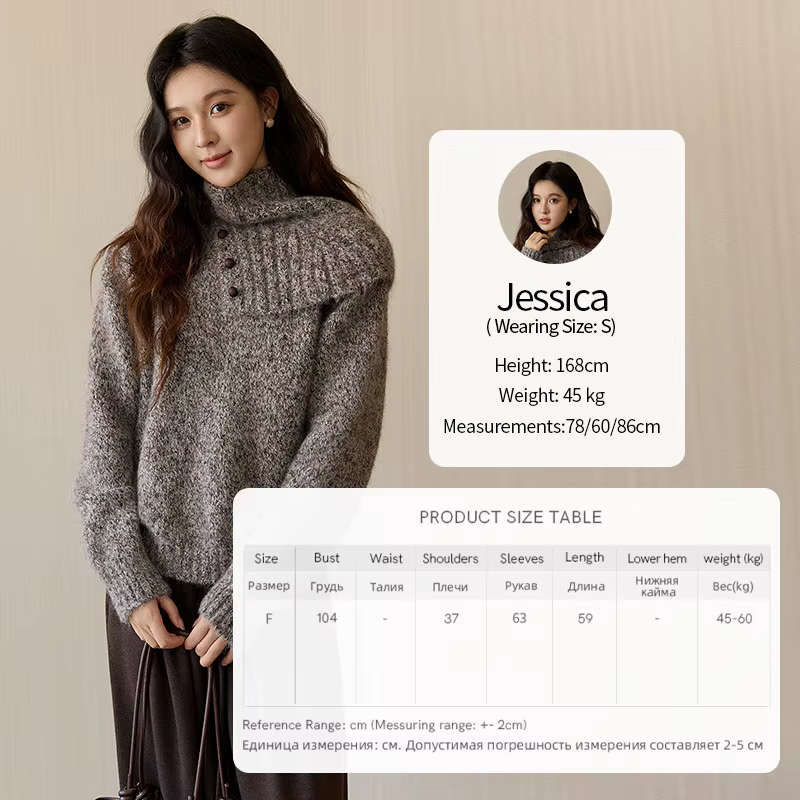 MISHOW femmes gris pull en tricot avec écharpe de cou 2025 hiver texturé bouton décor ample chaud pu