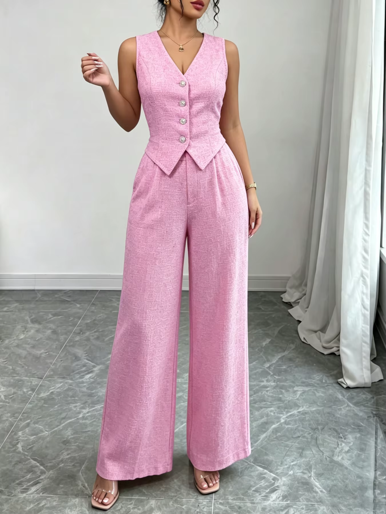 Ensemble chic pour femme : gilet rose sans manches à col en V boutonné et pantalon large taille haut