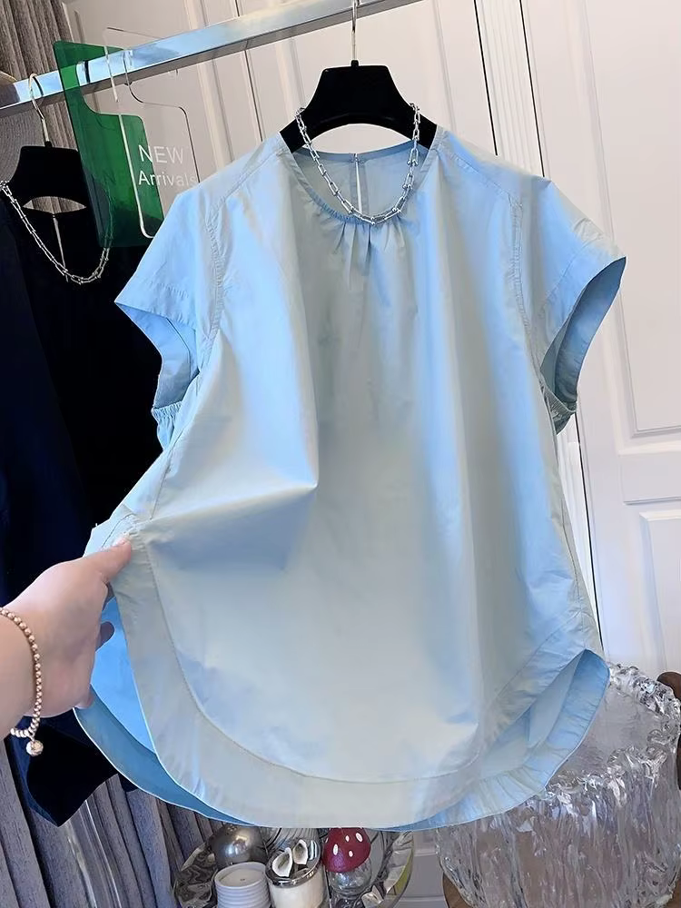 Chemise française haut de gamme à manches courtes et col rond, haut ample populaire pour couvrir le