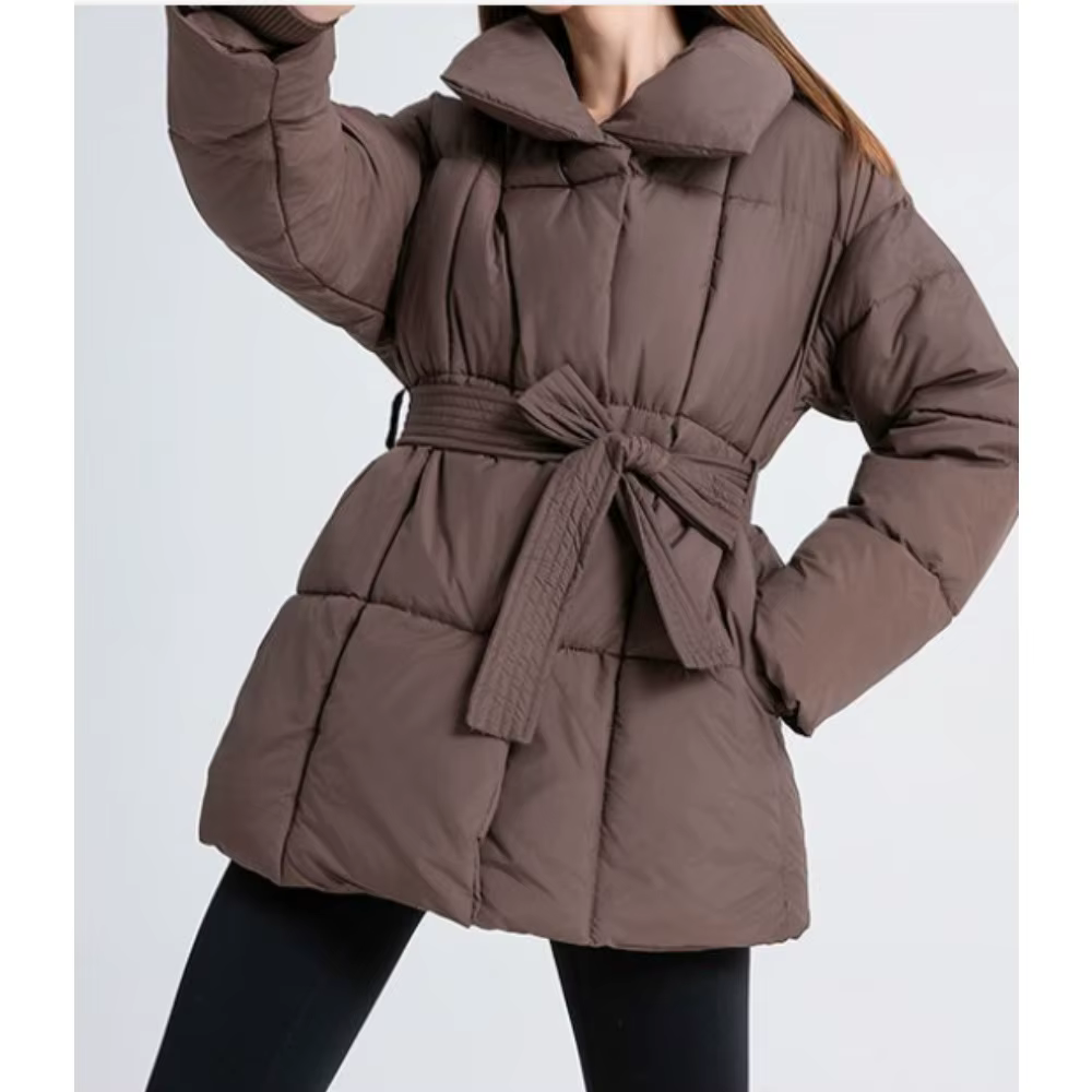 Manteau en coton noir à col montant pour femme, taille chaude et ajustée