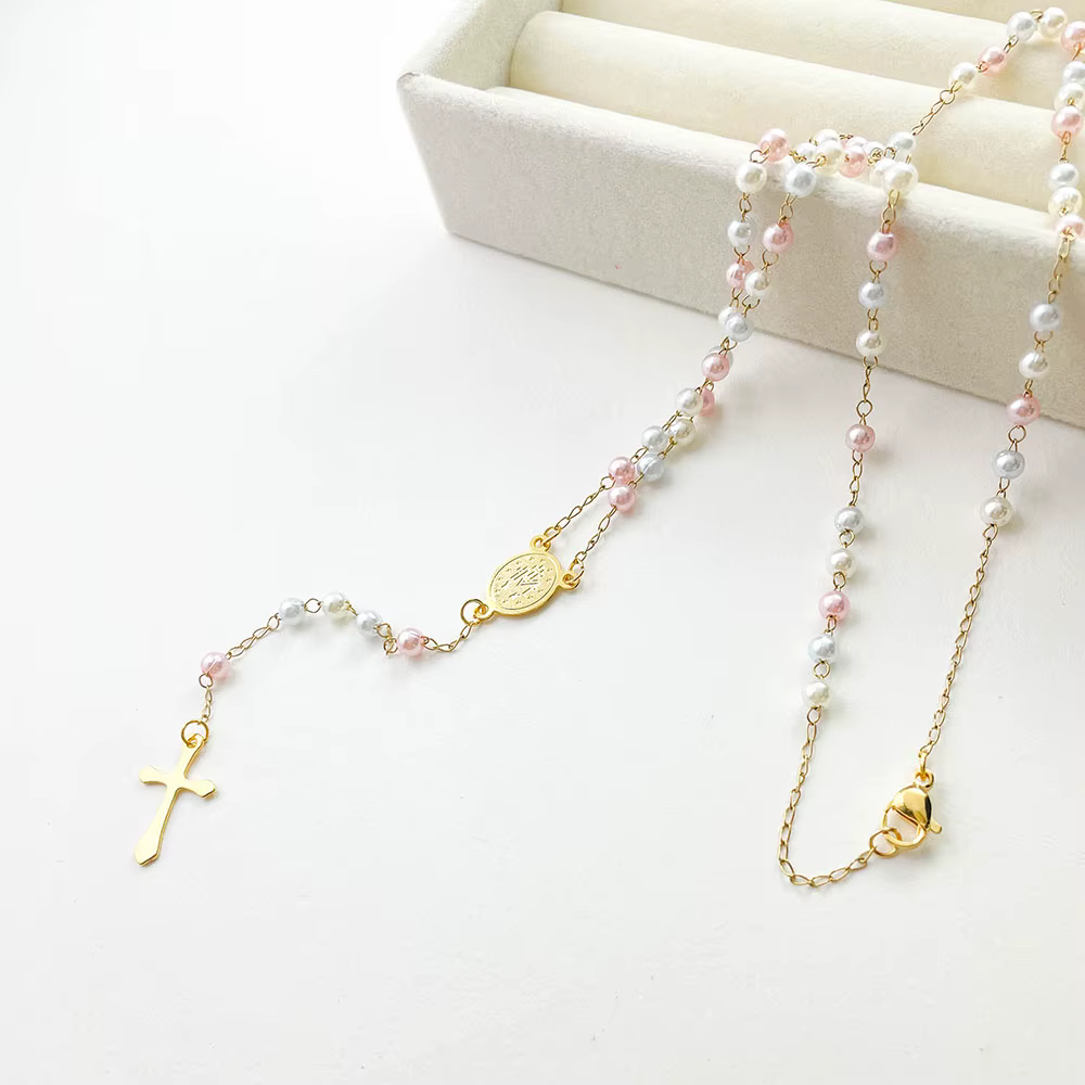 Chaîne de perles en forme de Y, couleur or, acier inoxydable, croix de la vierge marie, pendentif ch