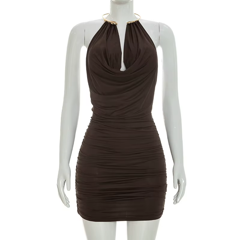Robe Courte Sexy Halter Col V pour Femme, Tenue Y2K de Soirée et Club, Froncée, Sans Manches, Dos Nu