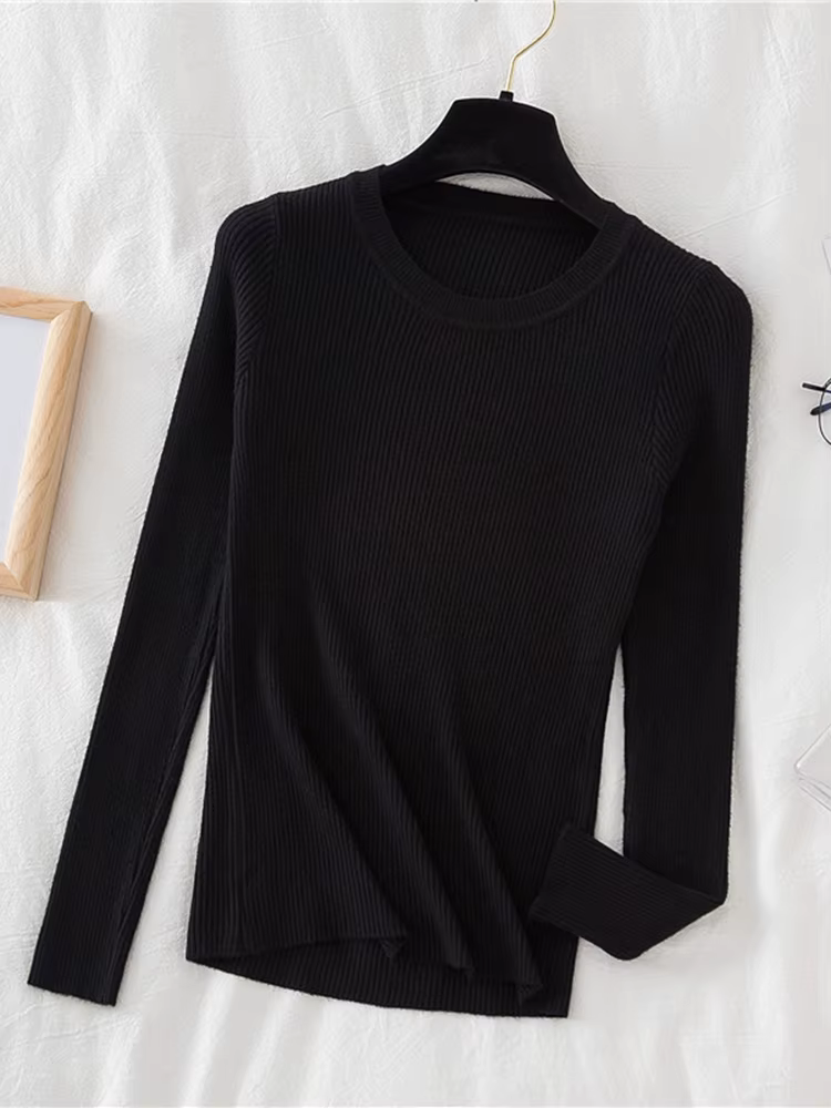 Nouveau Pull Femme 2026 Automne Hiver Manches Longues Col Rond Basique Tendance Élastique Tricoté Un