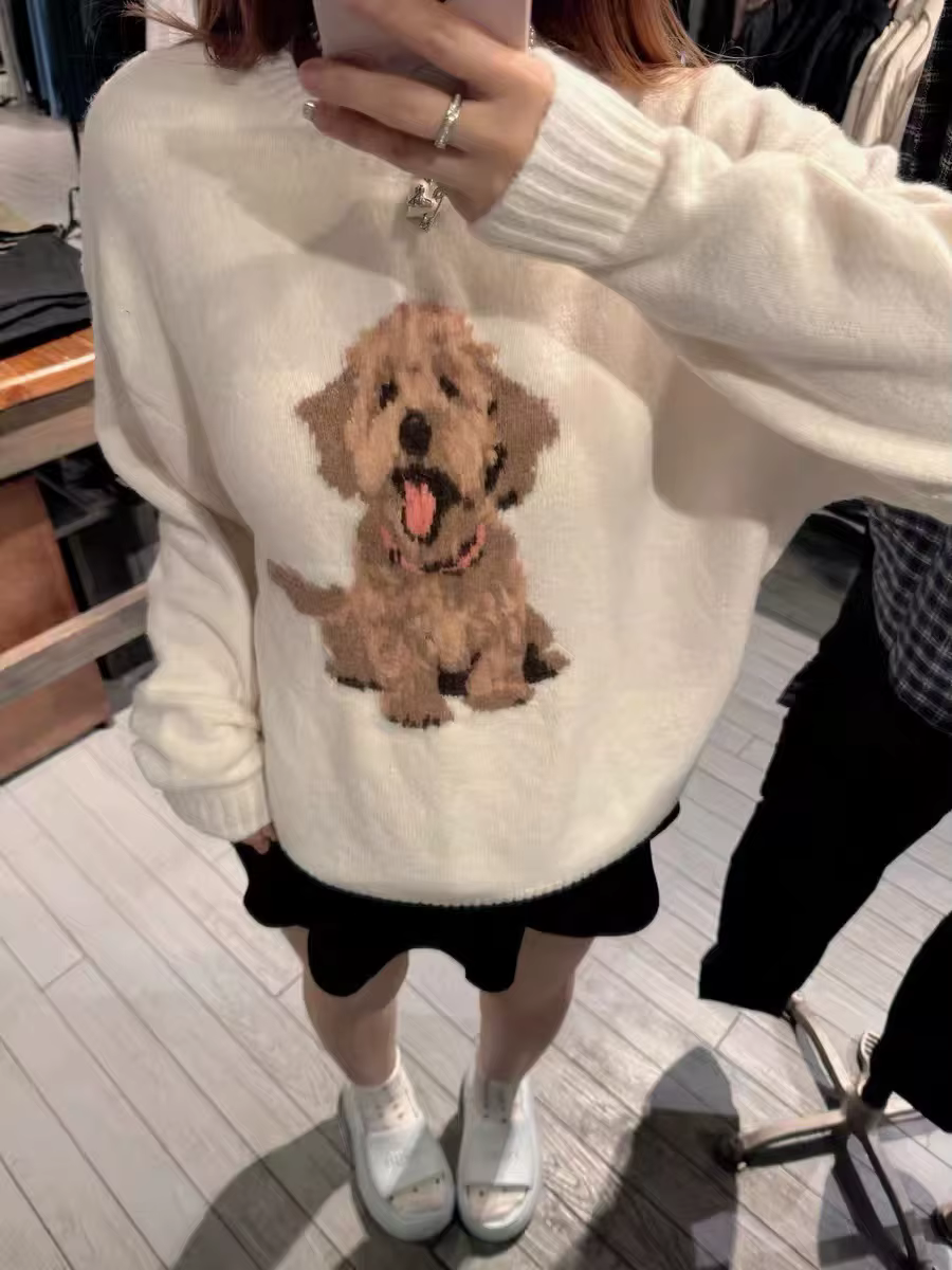 Pull tricoté en Jacquard ours pour femme, col rond, blanc, manches longues, Style Preppy, ample, mig
