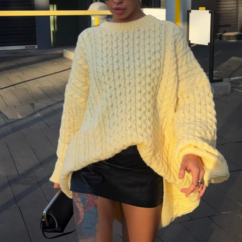 Pull tricoté torsadé jaune pour femme, col rond, couleur unie, élégant, ample, surdimensionné, manch