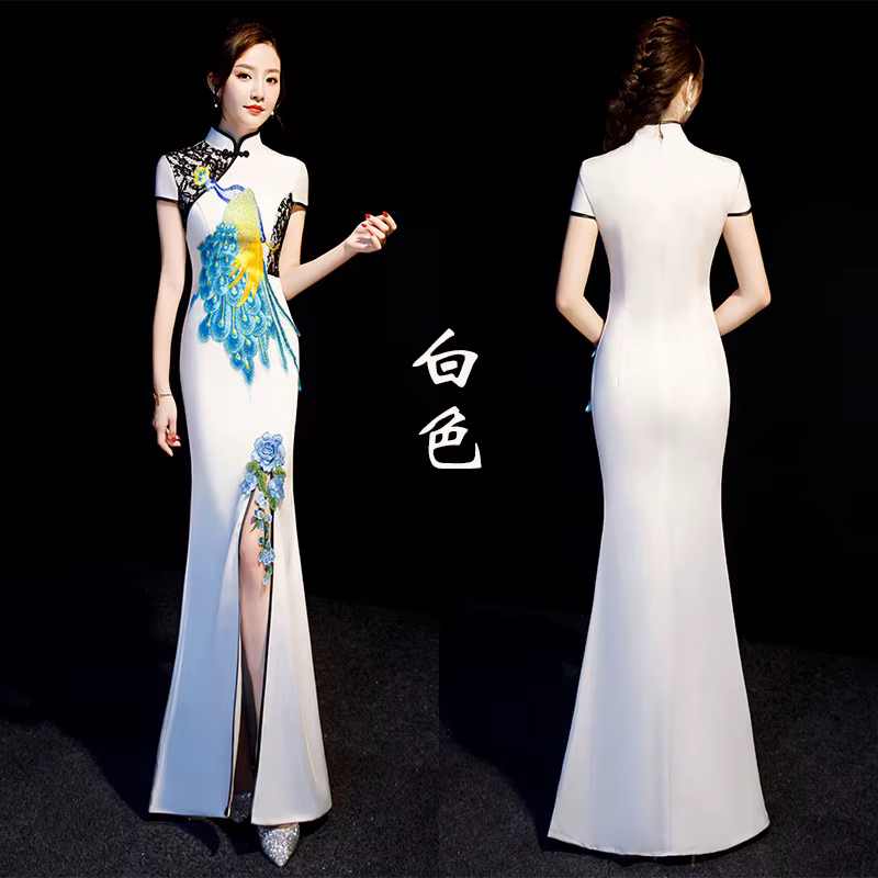Robe sirène en Satin pour femmes, col Mandarin blanc, Slim, élégante, Cheongsam, boutons Vintage, ro