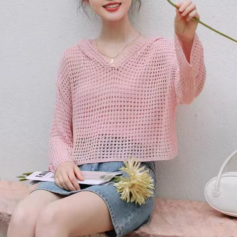 Pointelle – pull à capuche en tricot pour femmes, transparent, ajouré, manches longues, coupe Boxy,