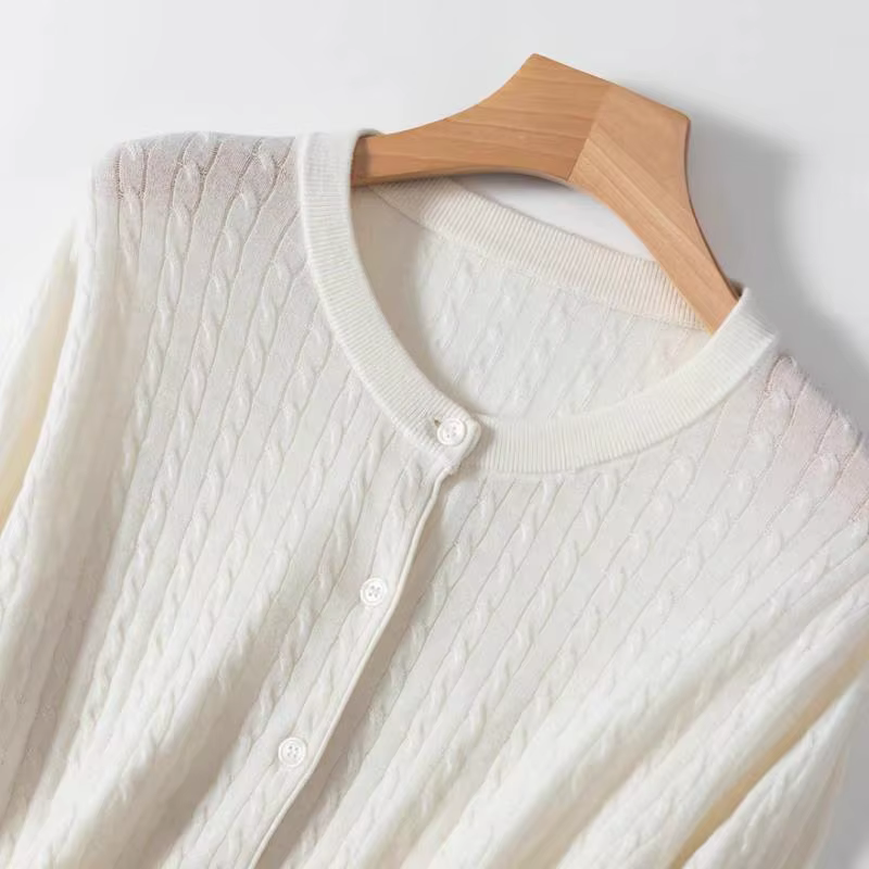 Cardigan en laine mérinos superfine 100% finement filée pour femme, col rond, manches longues, pull-