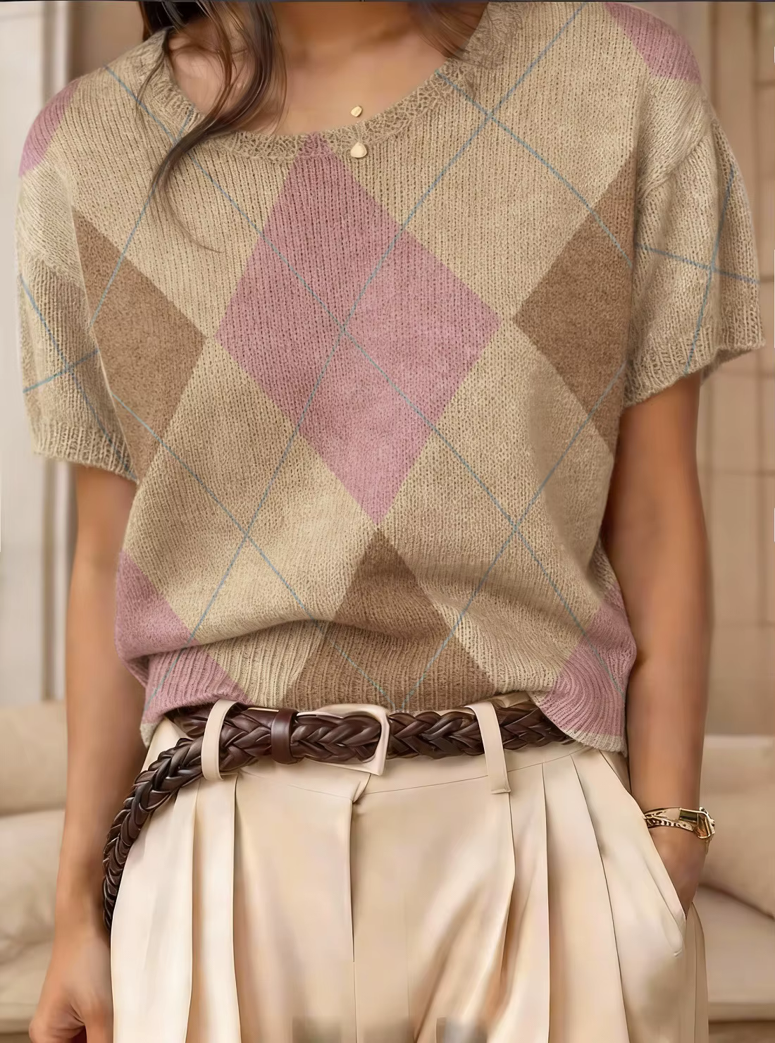 Pull en tricot à imprimé Argyle vintage pour femme, col rond, manches courtes, respirant, style mini