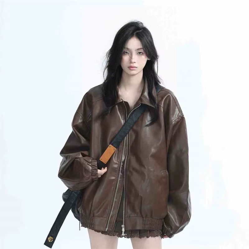 Nouvelle veste en cuir PU marron style locomotive pour femme, collection automne 2026, coupe ample r