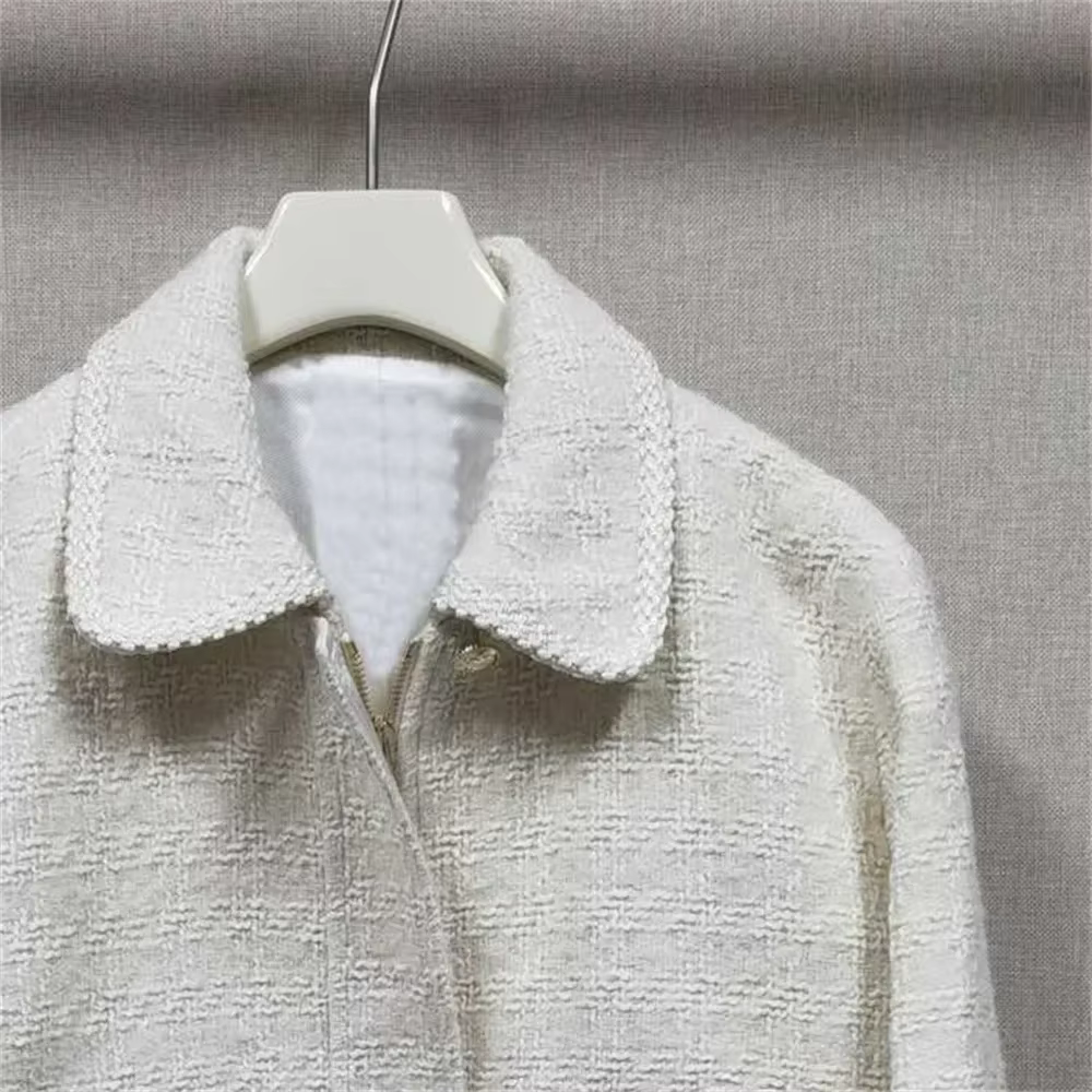 Manteau en tweed tissé à col rabattu pour femmes, veste courte élégante à manches longues avec ferme