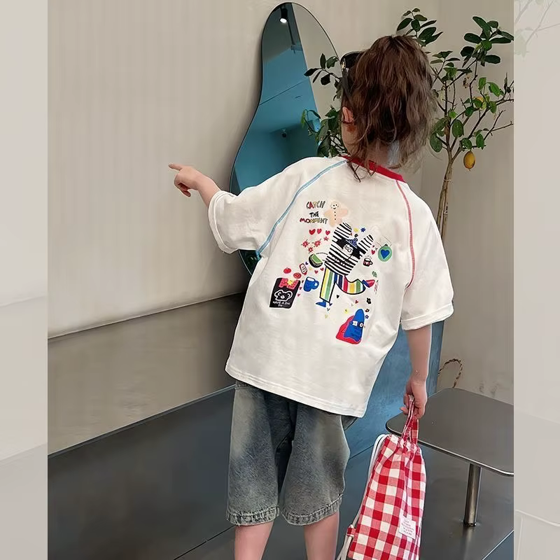 T-shirt blanc pour filles, nouvelle collection été 2026, 100 % coton, épaules tombantes, manches cou