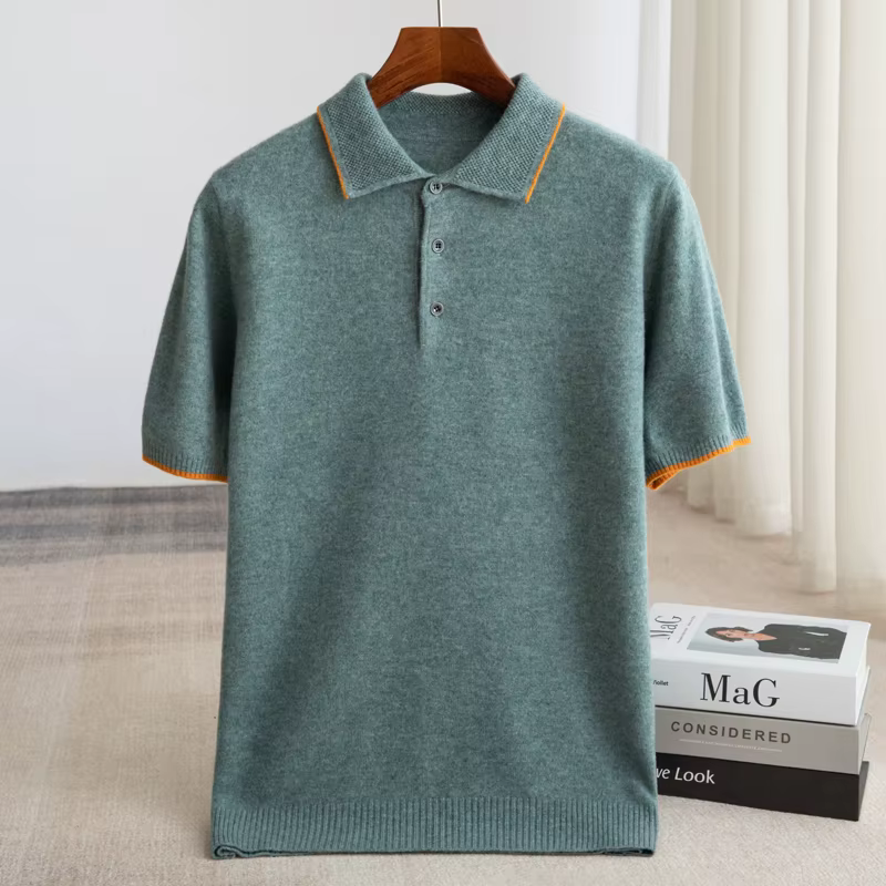 Nouveau pull en laine mérinos 100% pour homme, à col revers et manches courtes, tricoté, décontracté