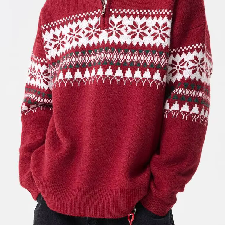 Manteau tricoté ample à col roulé, motif rouge de noël, automne et hiver