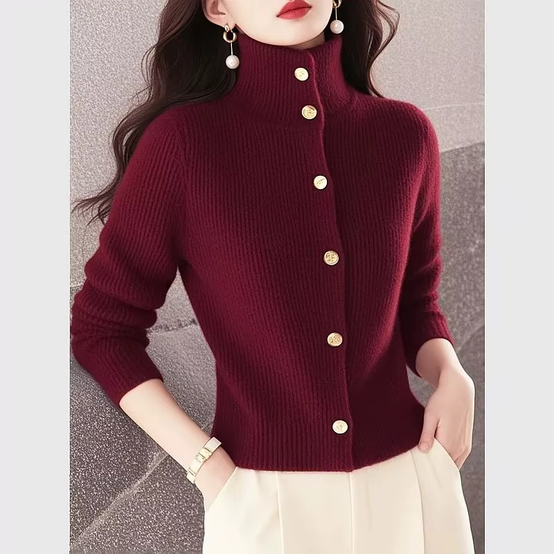 Pull en tricot rouge à col haut pour femme, paresseux, sensation de Luxe, élégant, Chic, hauts, auto
