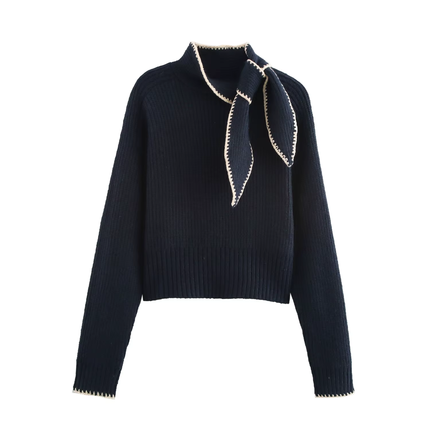 Pull tricoté à manches longues et col montant pour femme, doux et à la mode, avec nœud décoratif, no