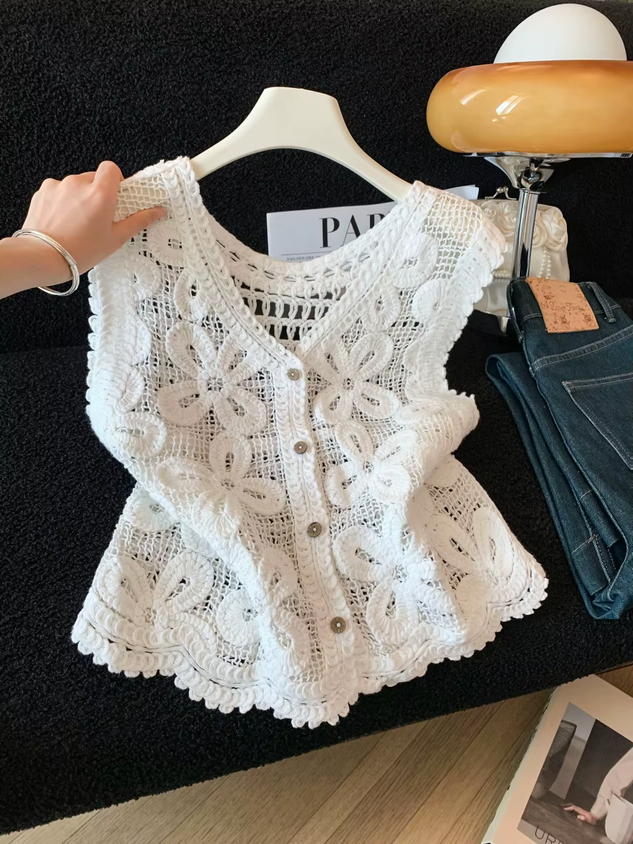 Gilet sans manches en dentelle florale au crochet, cardigan transparent en maille ouverte boutonnée,