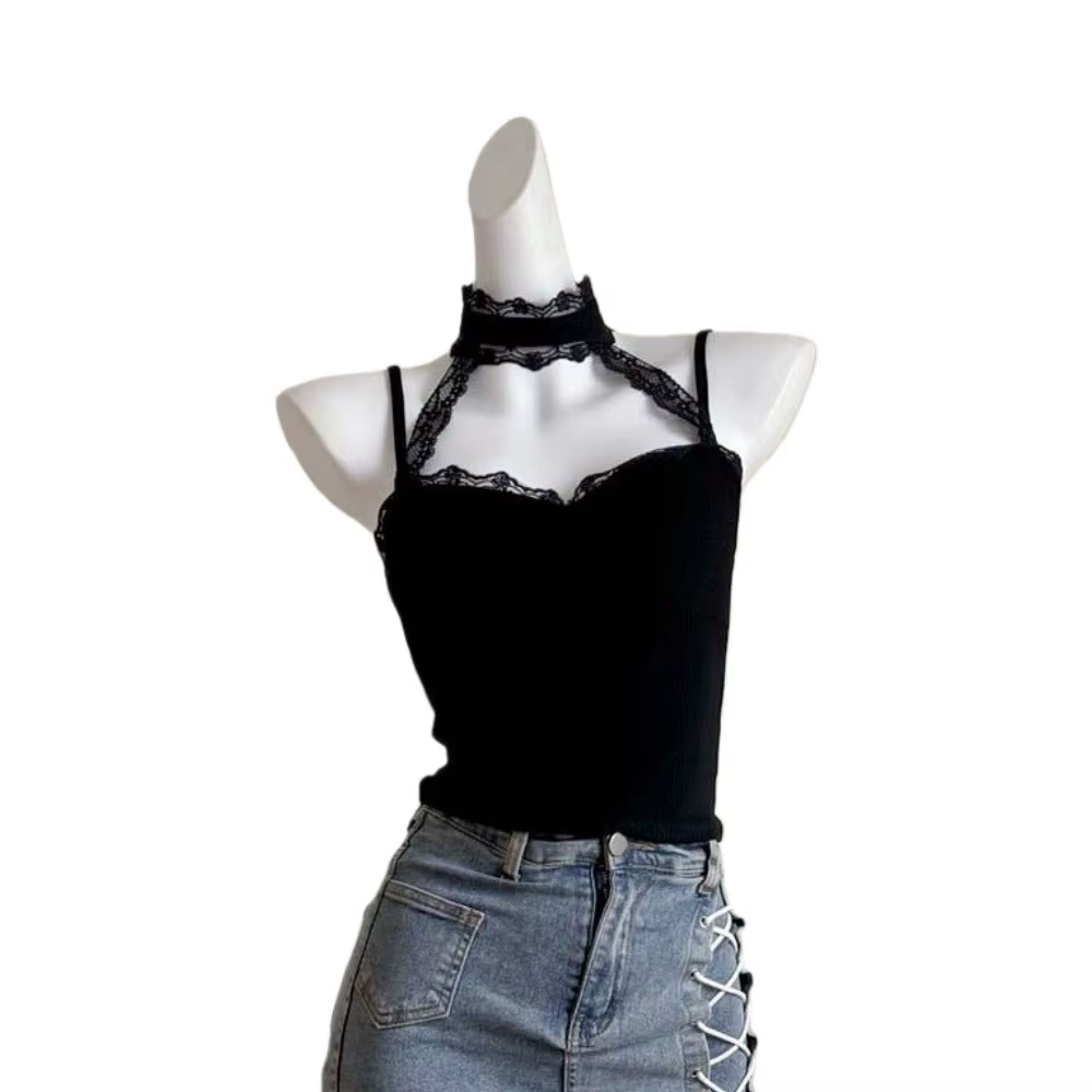 Camisole en dentelle élastique à col suspendu et volants, col en V, noir/blanc, style corset streetw