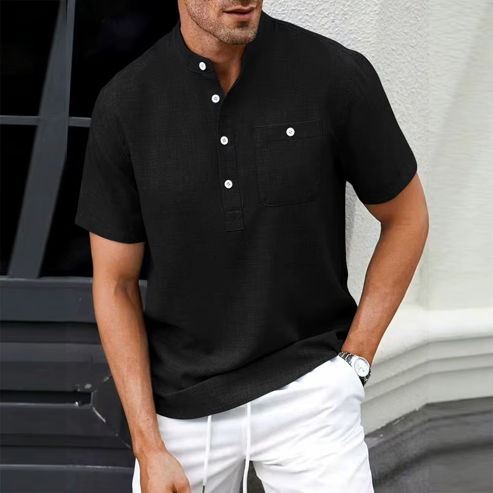 Chemise Henley à col montant pour homme, aspect lin, décontractée, manches courtes, boutonnée, légèr