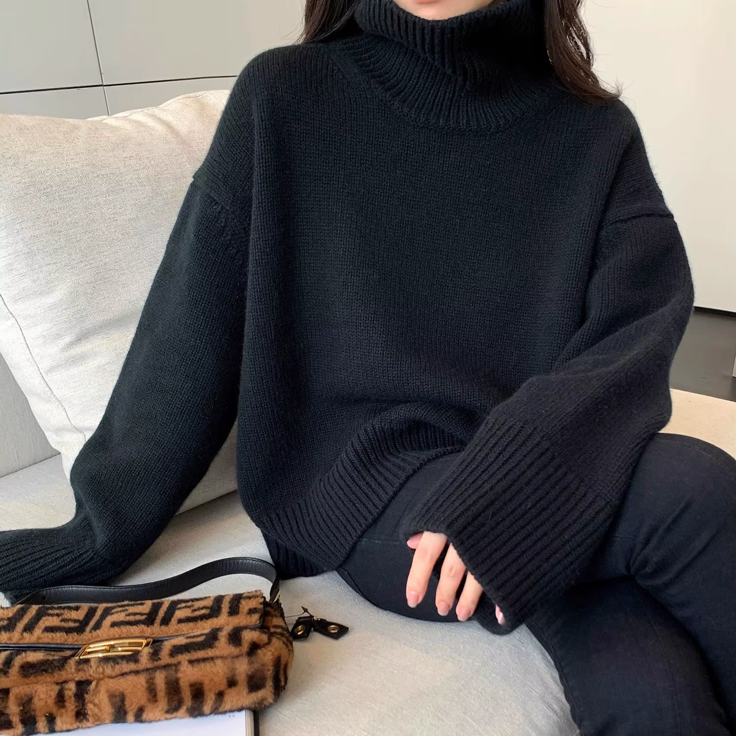Pull à col roulé européen pour femme, 100% pur cachemire, épais, ample, style paresseux, bas 107, pu