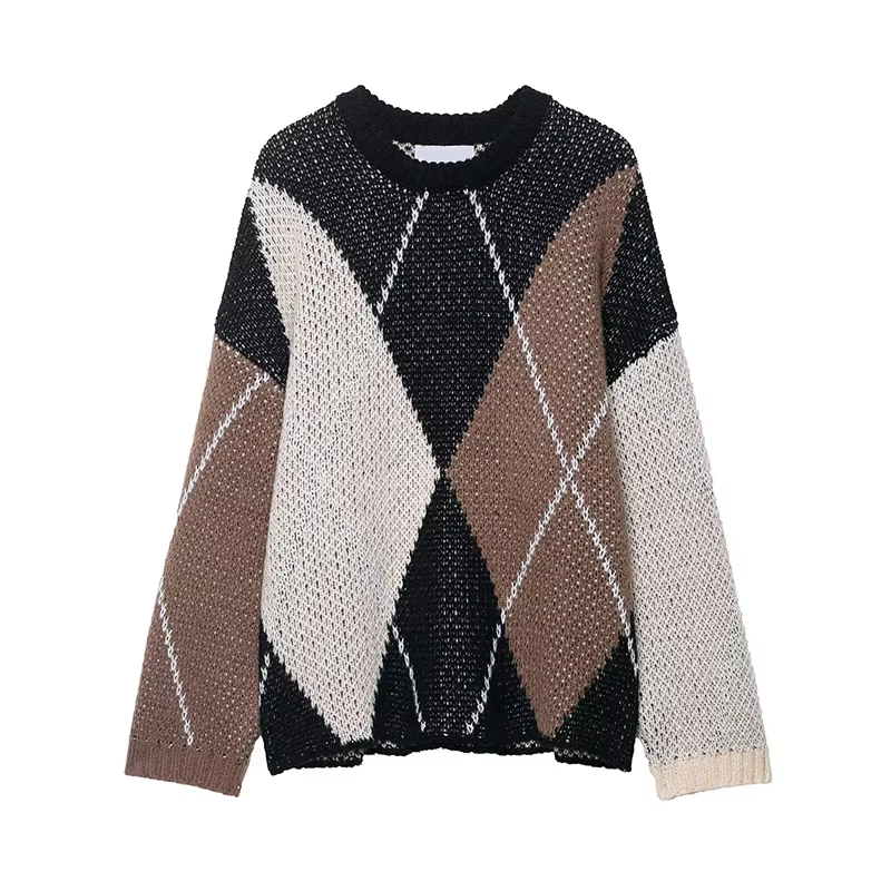 Plaid tricoté femmes pull 2025 automne hiver nouvelle mode manches longues impression femmes pull él