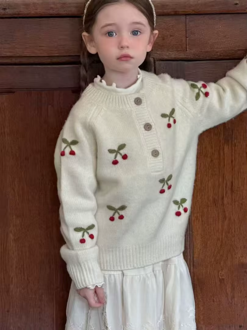 Pull pour enfants, col rond, broderie cerise, haut en tricot pour bébé, nouvelle collection hiver 20