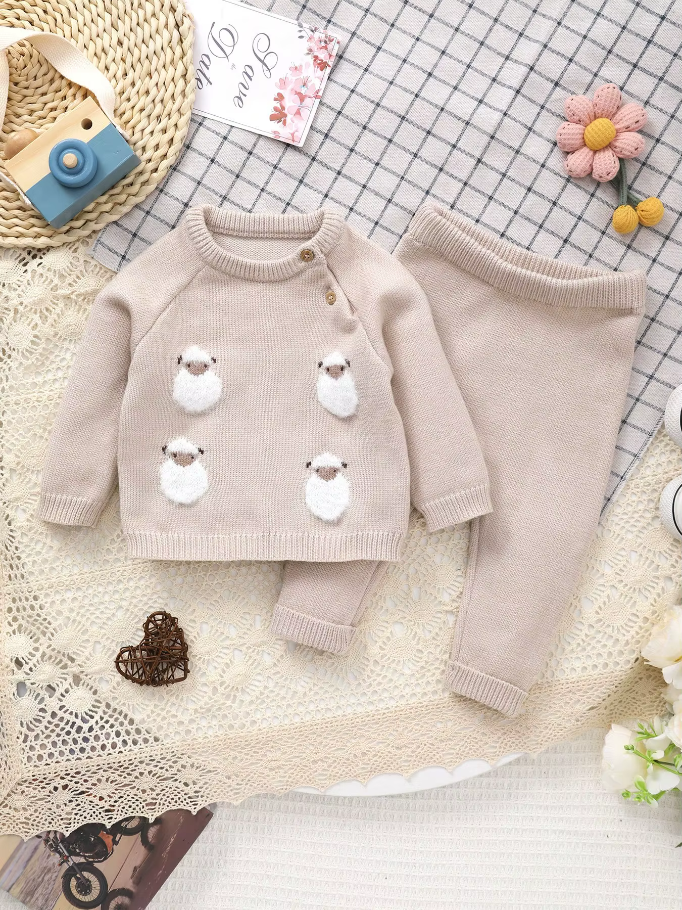 Pull tricoté à manches longues pour bébé fille avec motif agneau 3D, tenue décontractée et chaude
