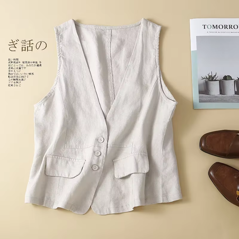 Glafor-Veste en Coton et Lin pour Femme, Streetwear observateur et Vintage, Col en V, Décontracté, F