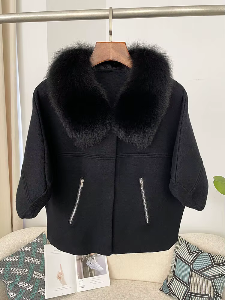 Pull tricoté populaire brésilien avec col en fourrure de renard naturel, veste courte en fourrure po