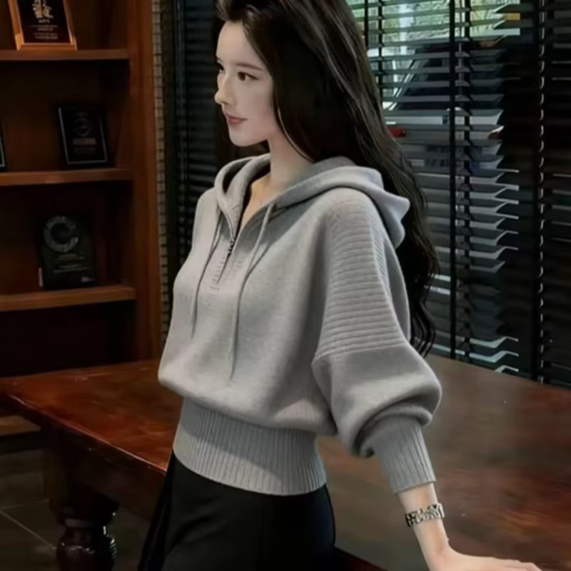 Pull à capuche court gris pour femme, demi-zip, épaules tombantes, tricot côtelé, haut décontracté e