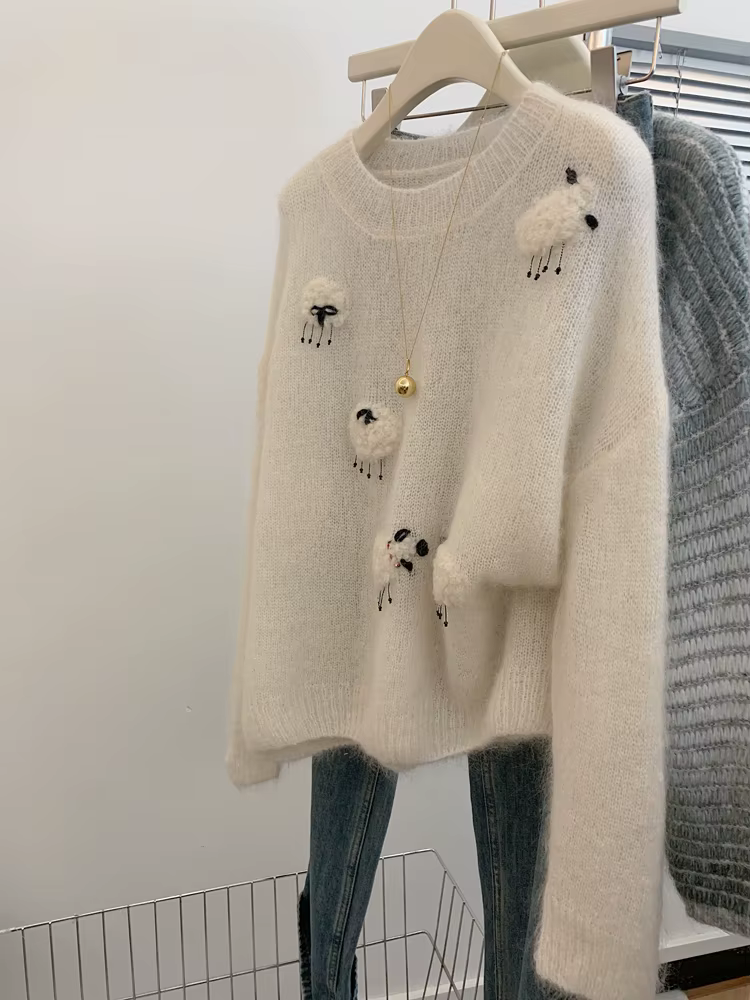 Pull blanc décontracté pour femmes, manches longues, col rond, tricot chaud, automne hiver, coréen, 