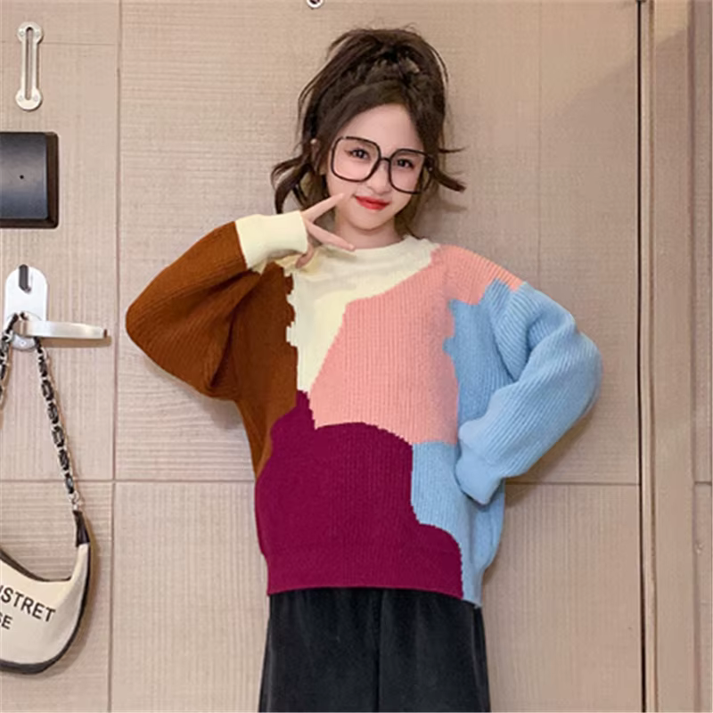 Pull multicolore à manches longues pour adolescentes, patchwork multicolore, tricots pour enfants, s